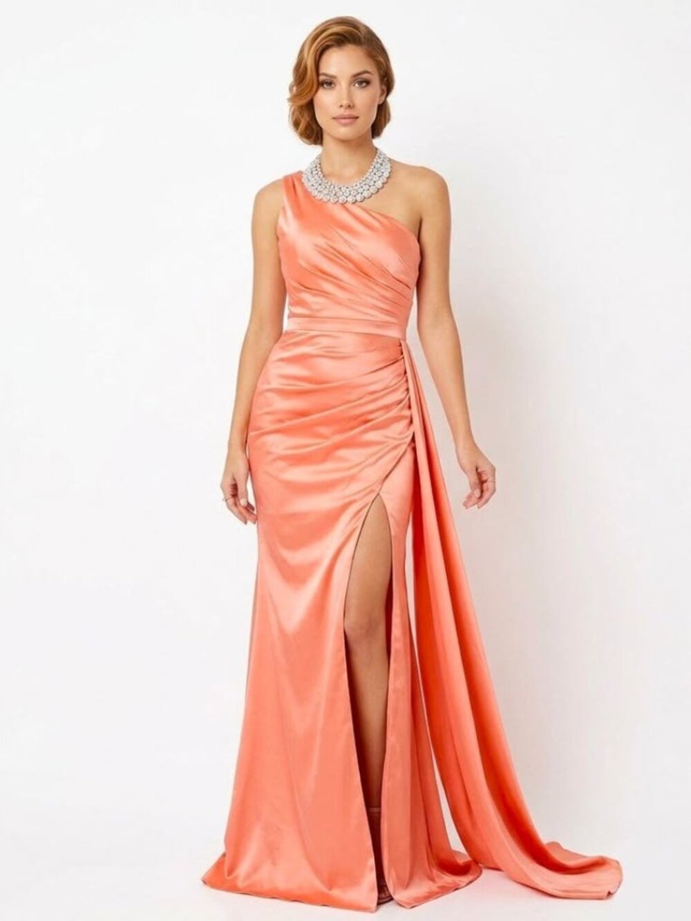 New Peachy Coral Full Length Satin Prom/Formal Gown